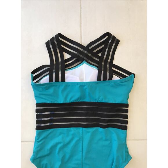 Hilor Swimsuit One Piece Padded Semi Sheer Crossover Colorblock - Picture 7 of 8